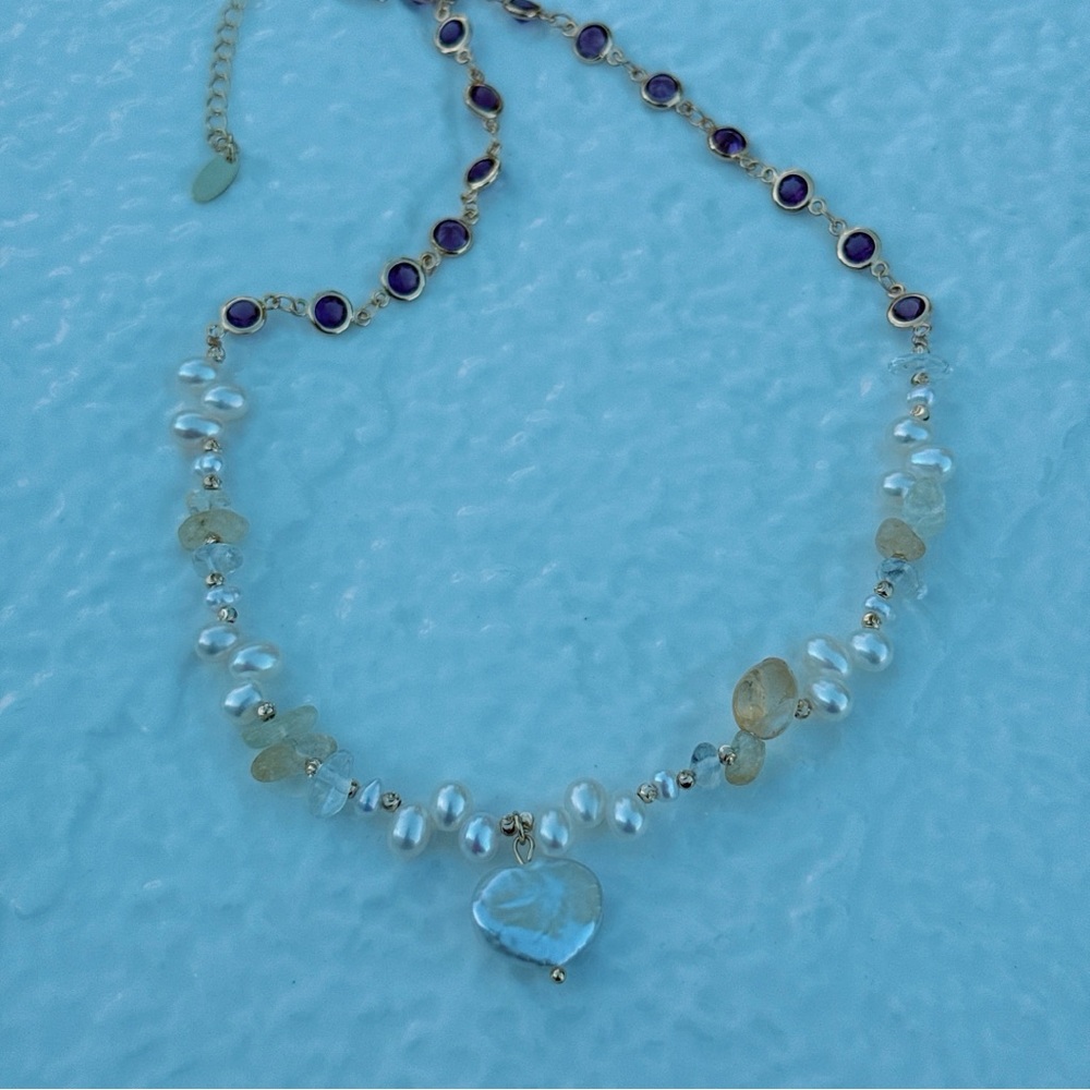 X596 Handmade Freshwater Baroque Pearl Citrine Necklace with Heart Pendant - Picture 9 of 9